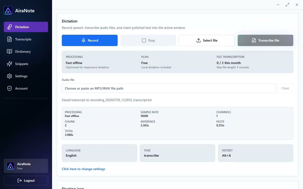 AiraNote Windows dictation interface
